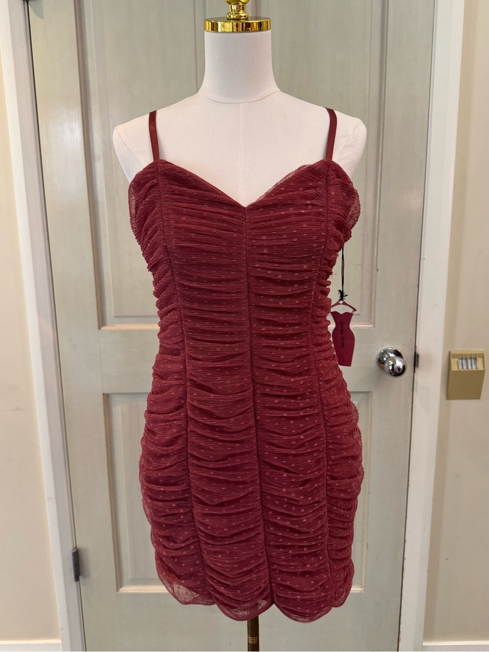 NWT Haute Monde Burgundy Dot Mesh Ruched Bodycon Mini Dress